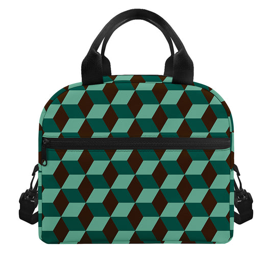 Dark Green Geometric Cube Pattern Print Insulated Lunch Bag
