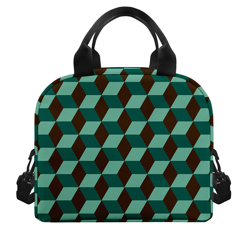 Dark Green Geometric Cube Pattern Print Insulated Lunch Bag