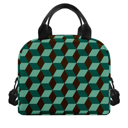 Dark Green Geometric Cube Pattern Print Insulated Lunch Bag