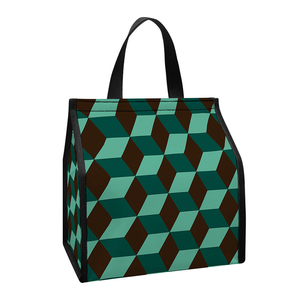 Dark Green Geometric Cube Pattern Print Insulated Lunch Tote