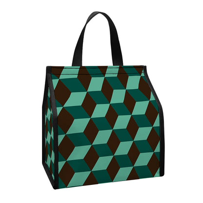 Dark Green Geometric Cube Pattern Print Insulated Lunch Tote