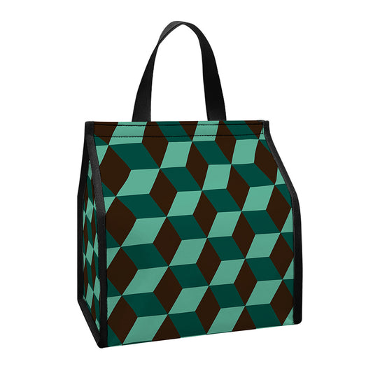 Dark Green Geometric Cube Pattern Print Insulated Lunch Tote