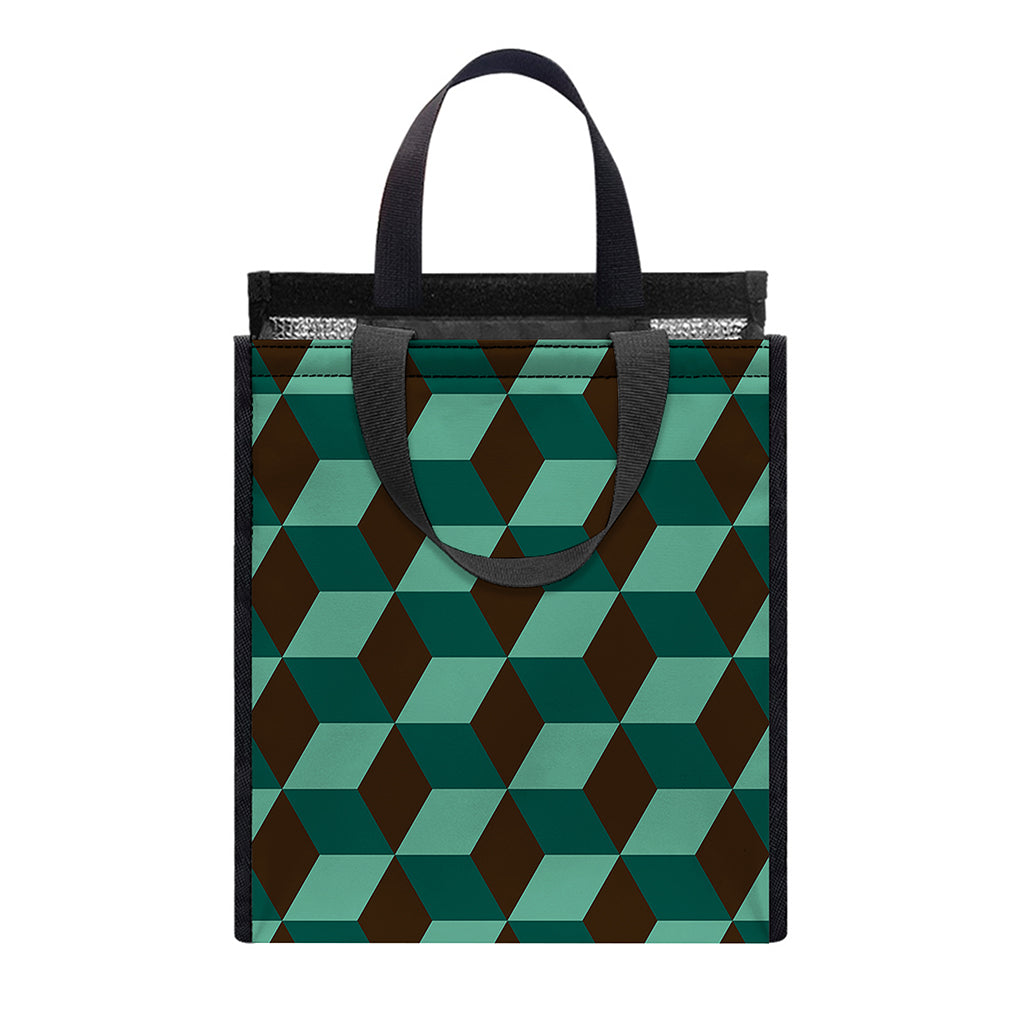 Dark Green Geometric Cube Pattern Print Insulated Lunch Tote