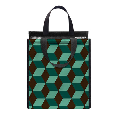 Dark Green Geometric Cube Pattern Print Insulated Lunch Tote