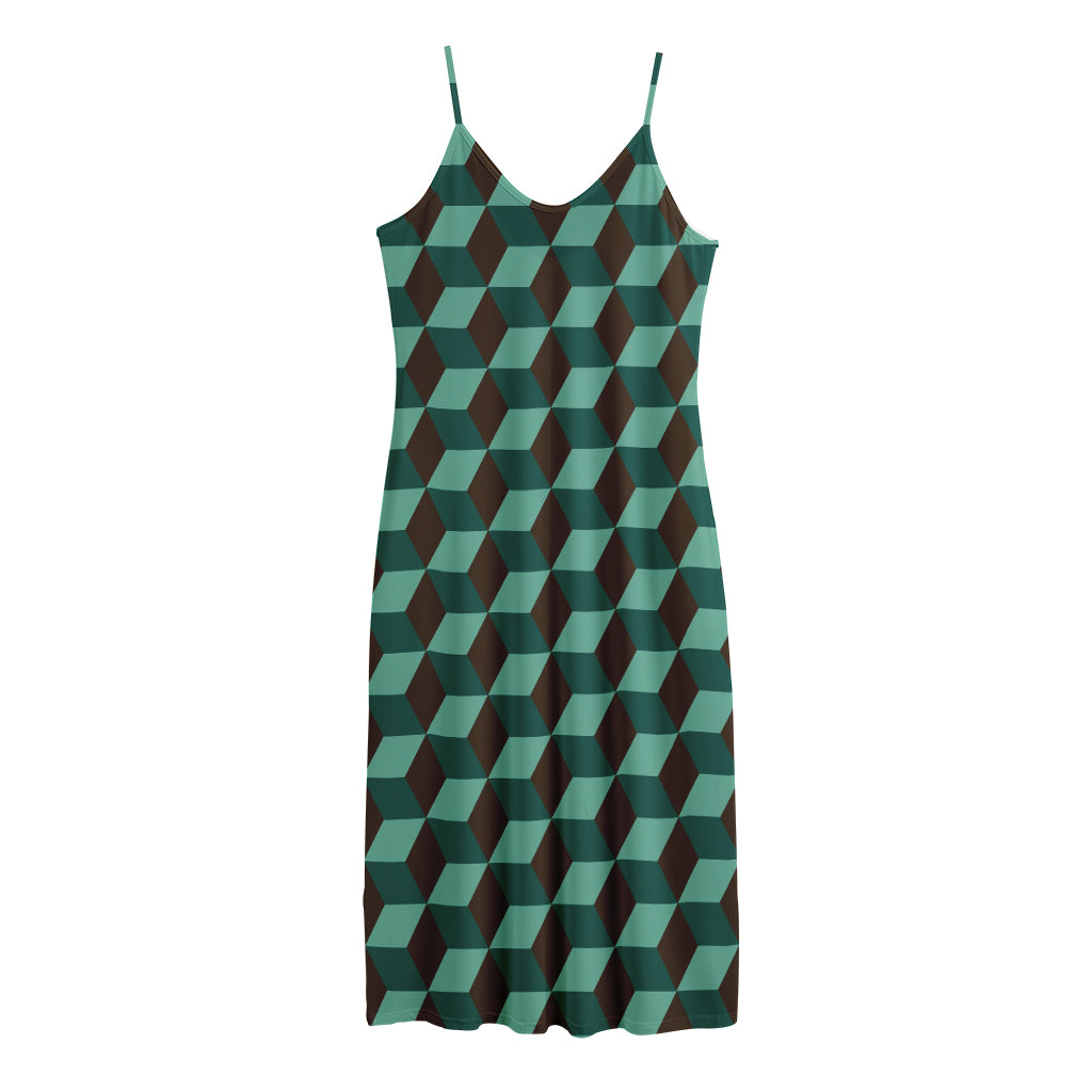 Dark Green Geometric Cube Pattern Print Jersey Midi Cami Dress
