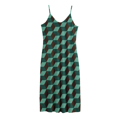Dark Green Geometric Cube Pattern Print Jersey Midi Cami Dress