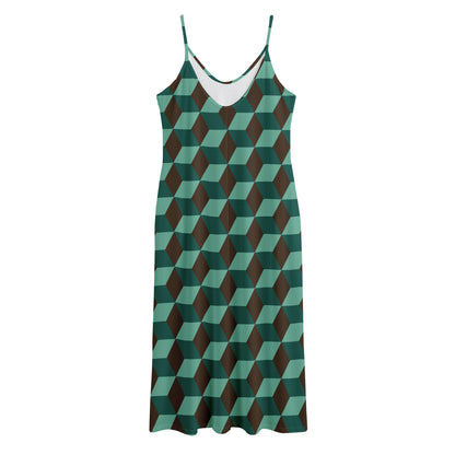 Dark Green Geometric Cube Pattern Print Jersey Midi Cami Dress
