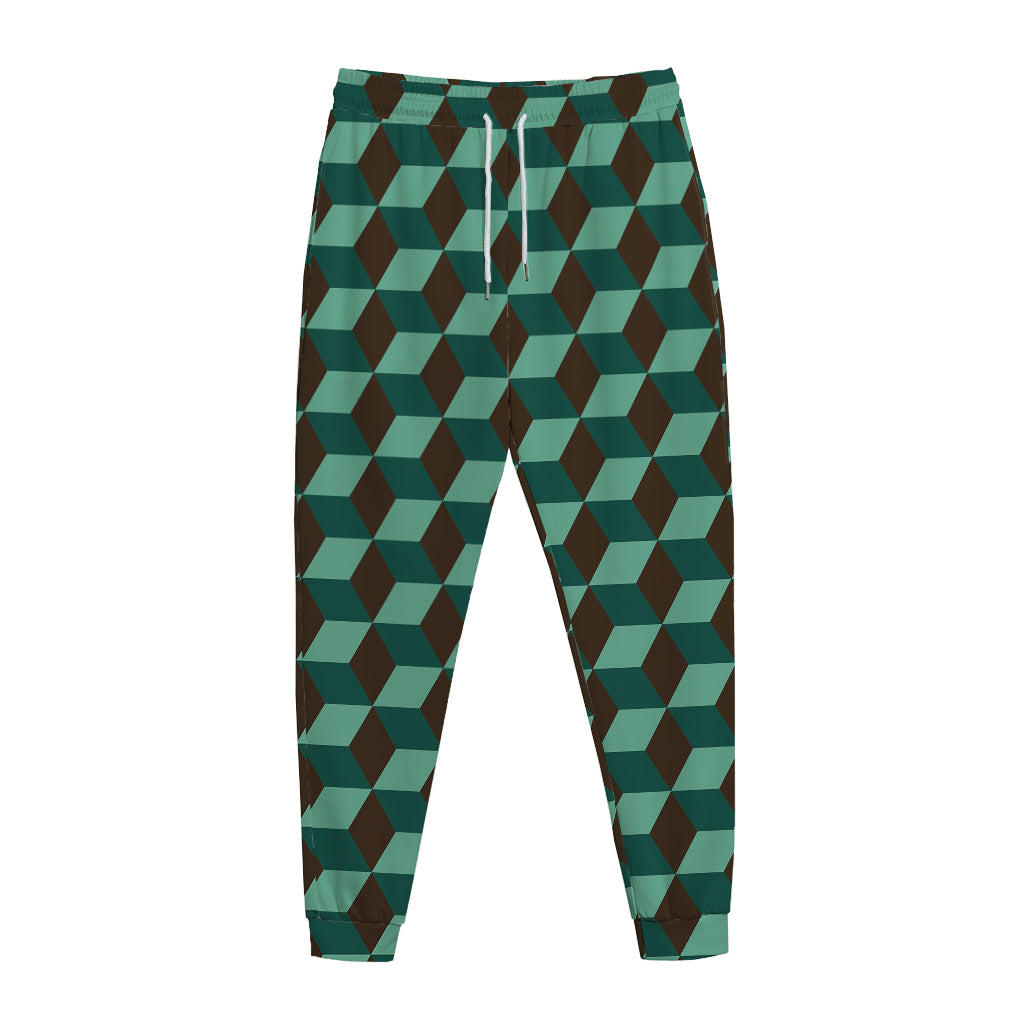 Dark Green Geometric Cube Pattern Print Jogger Pants