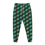 Dark Green Geometric Cube Pattern Print Jogger Pants