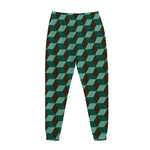 Dark Green Geometric Cube Pattern Print Jogger Pants