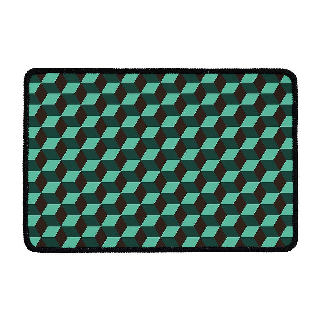 Dark Green Geometric Cube Pattern Print Kitchen Mat