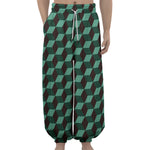Dark Green Geometric Cube Pattern Print Lantern Pants