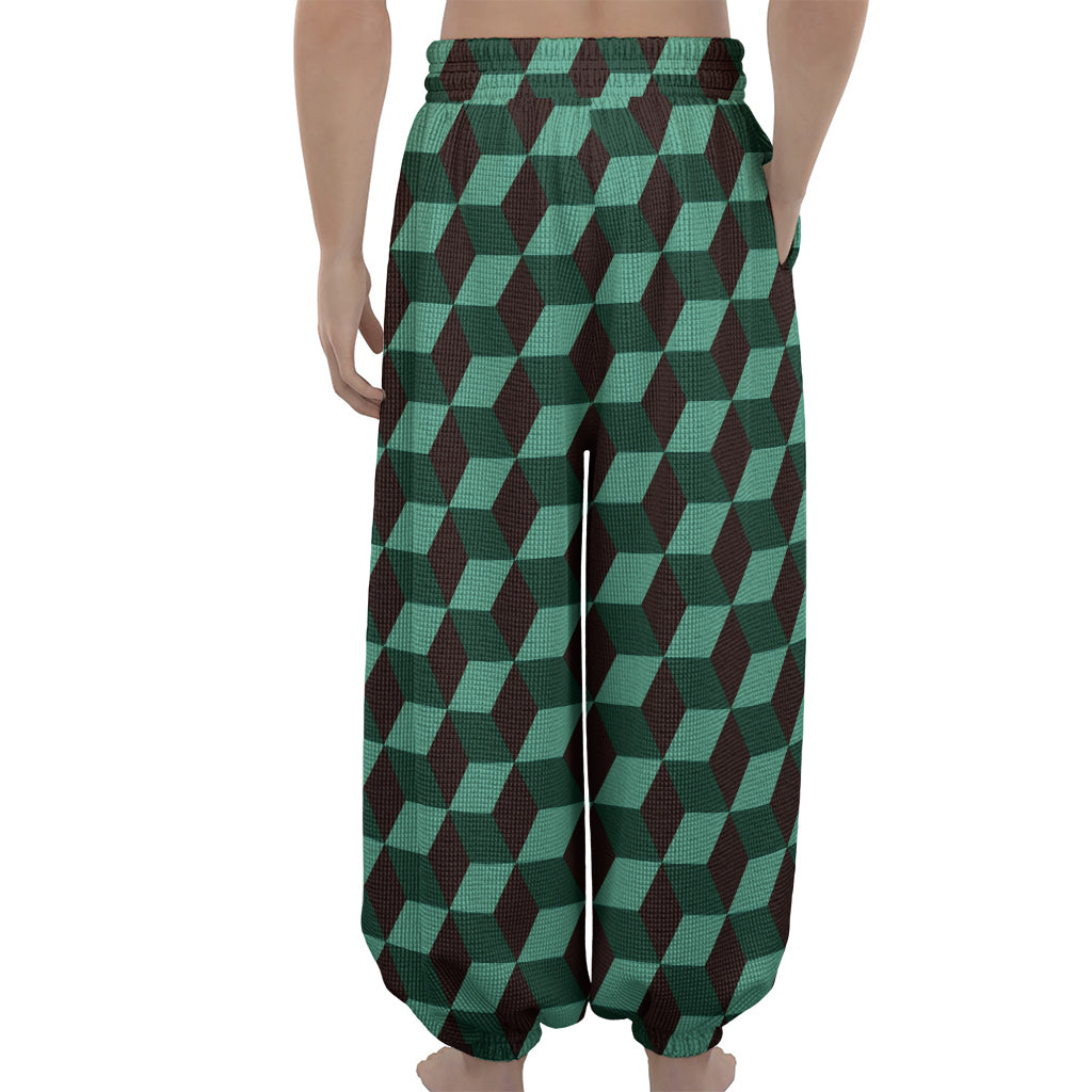 Dark Green Geometric Cube Pattern Print Lantern Pants