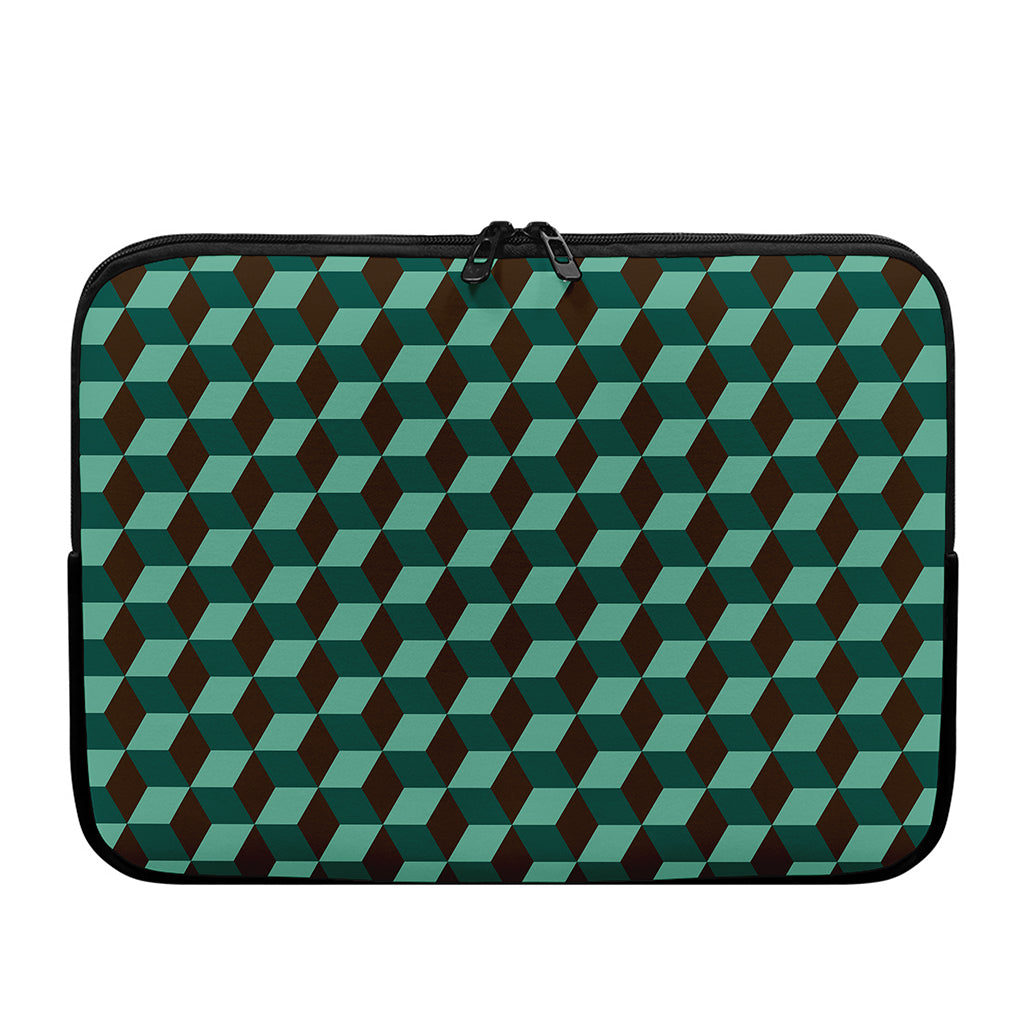 Dark Green Geometric Cube Pattern Print Laptop Sleeve