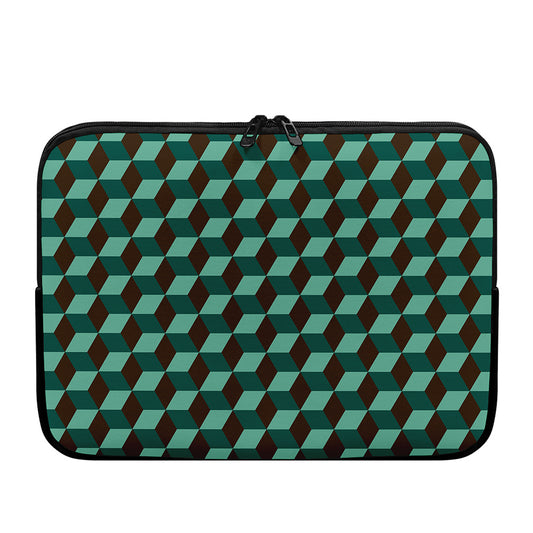Dark Green Geometric Cube Pattern Print Laptop Sleeve