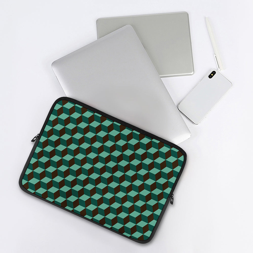 Dark Green Geometric Cube Pattern Print Laptop Sleeve