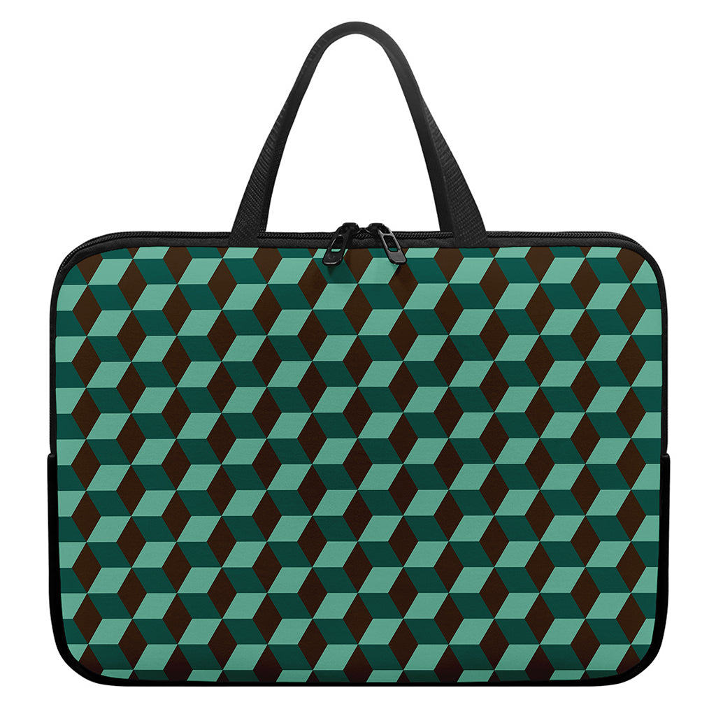 Dark Green Geometric Cube Pattern Print Laptop Sleeve With Handle