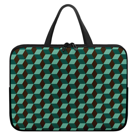Dark Green Geometric Cube Pattern Print Laptop Sleeve With Handle