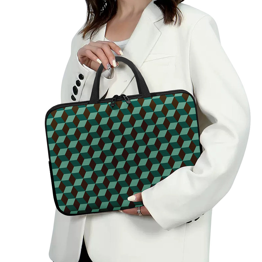 Dark Green Geometric Cube Pattern Print Laptop Sleeve With Handle