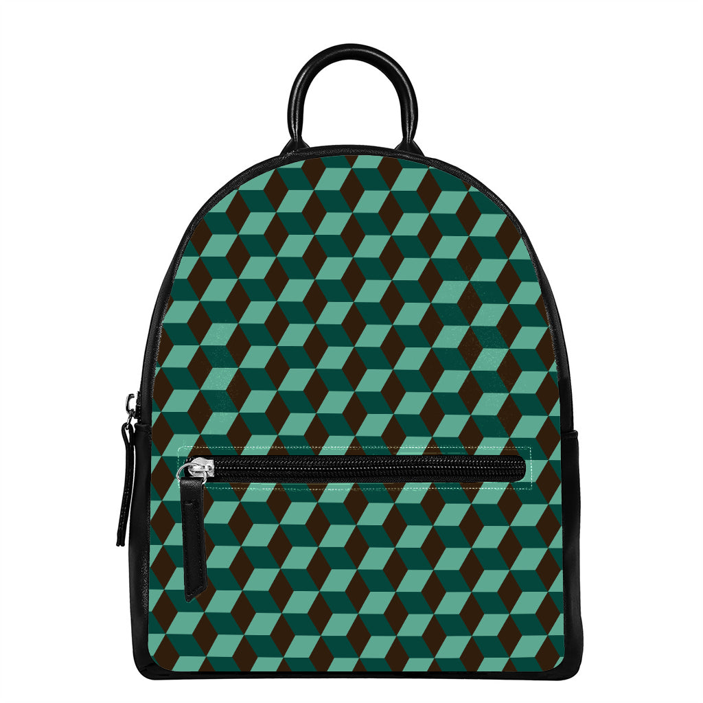 Dark Green Geometric Cube Pattern Print Leather Backpack
