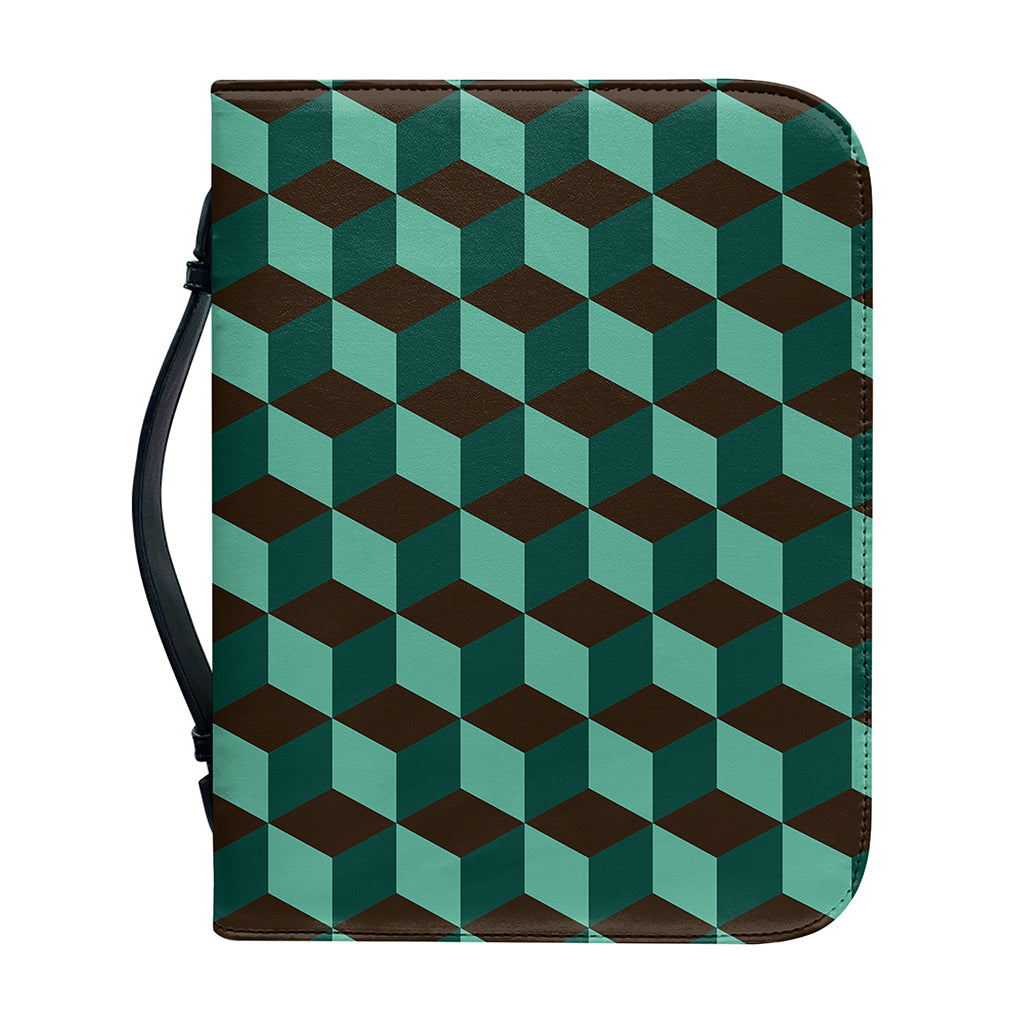 Dark Green Geometric Cube Pattern Print Leather Bible Cover