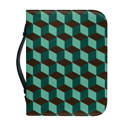 Dark Green Geometric Cube Pattern Print Leather Bible Cover
