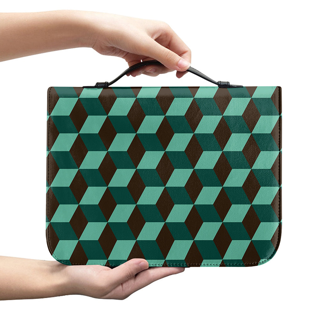 Dark Green Geometric Cube Pattern Print Leather Bible Cover