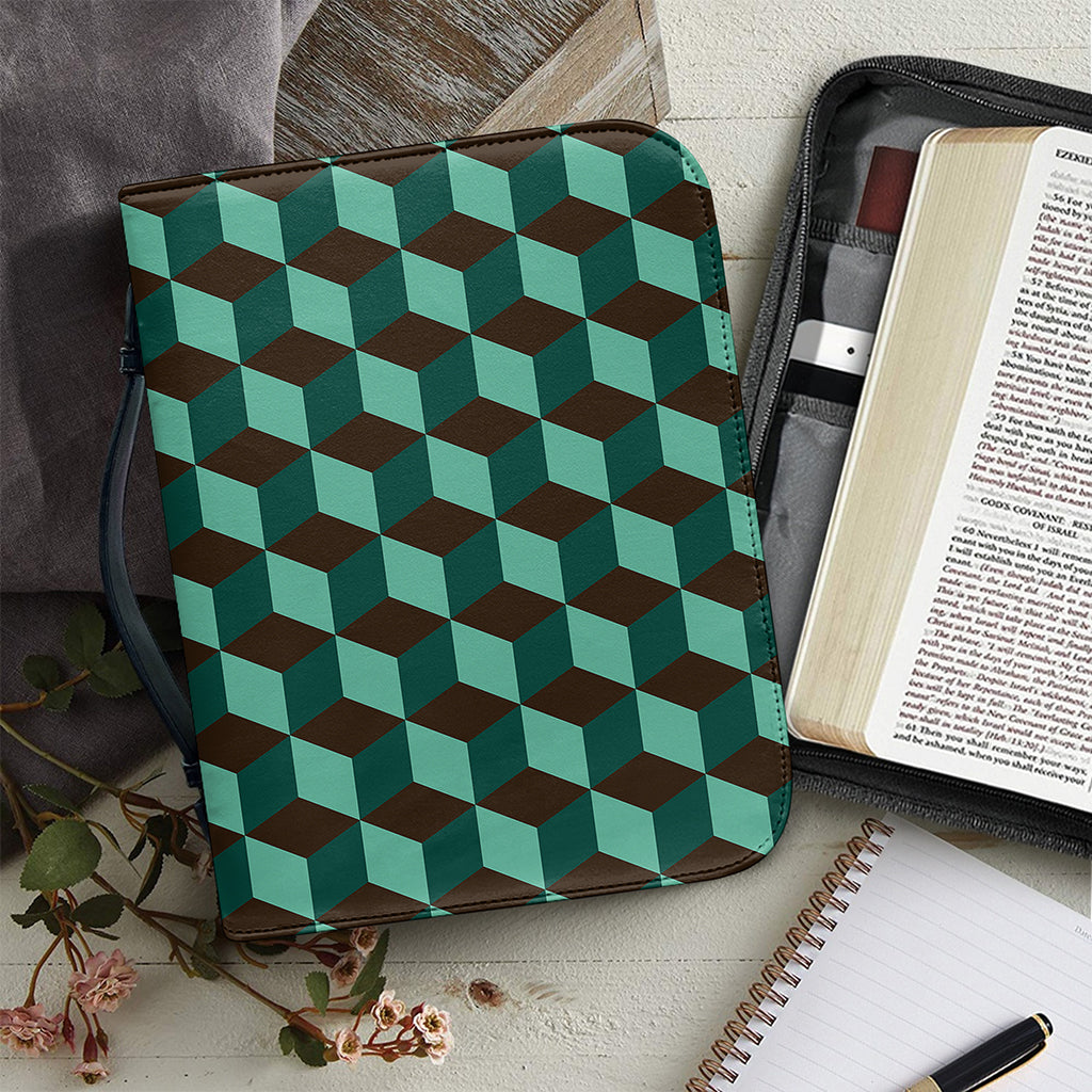 Dark Green Geometric Cube Pattern Print Leather Bible Cover