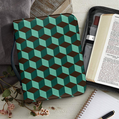 Dark Green Geometric Cube Pattern Print Leather Bible Cover