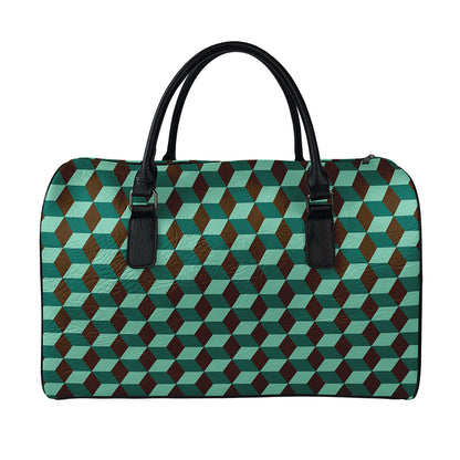 Dark Green Geometric Cube Pattern Print Leather Duffle Bag