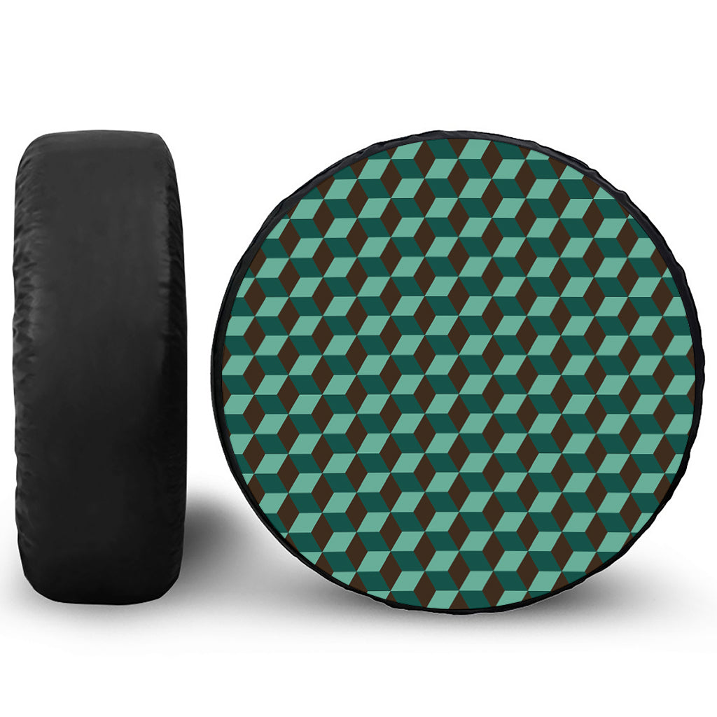 Dark Green Geometric Cube Pattern Print Leather Spare Tire Cover