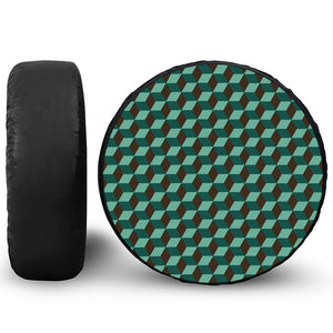 Dark Green Geometric Cube Pattern Print Leather Spare Tire Cover