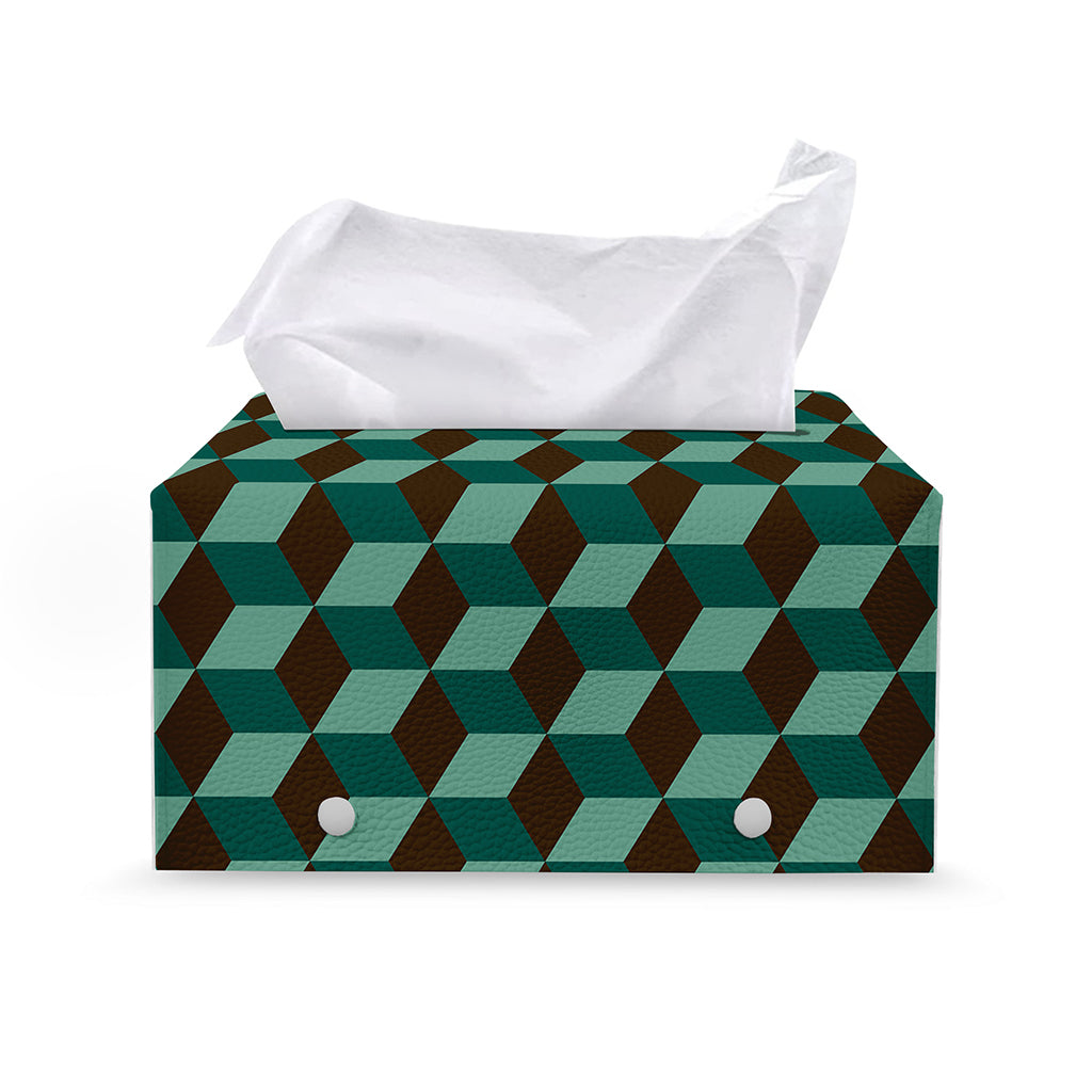 Dark Green Geometric Cube Pattern Print Leather Tissue Box Cover