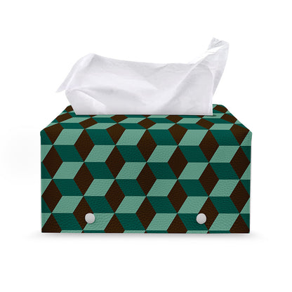 Dark Green Geometric Cube Pattern Print Leather Tissue Box Cover