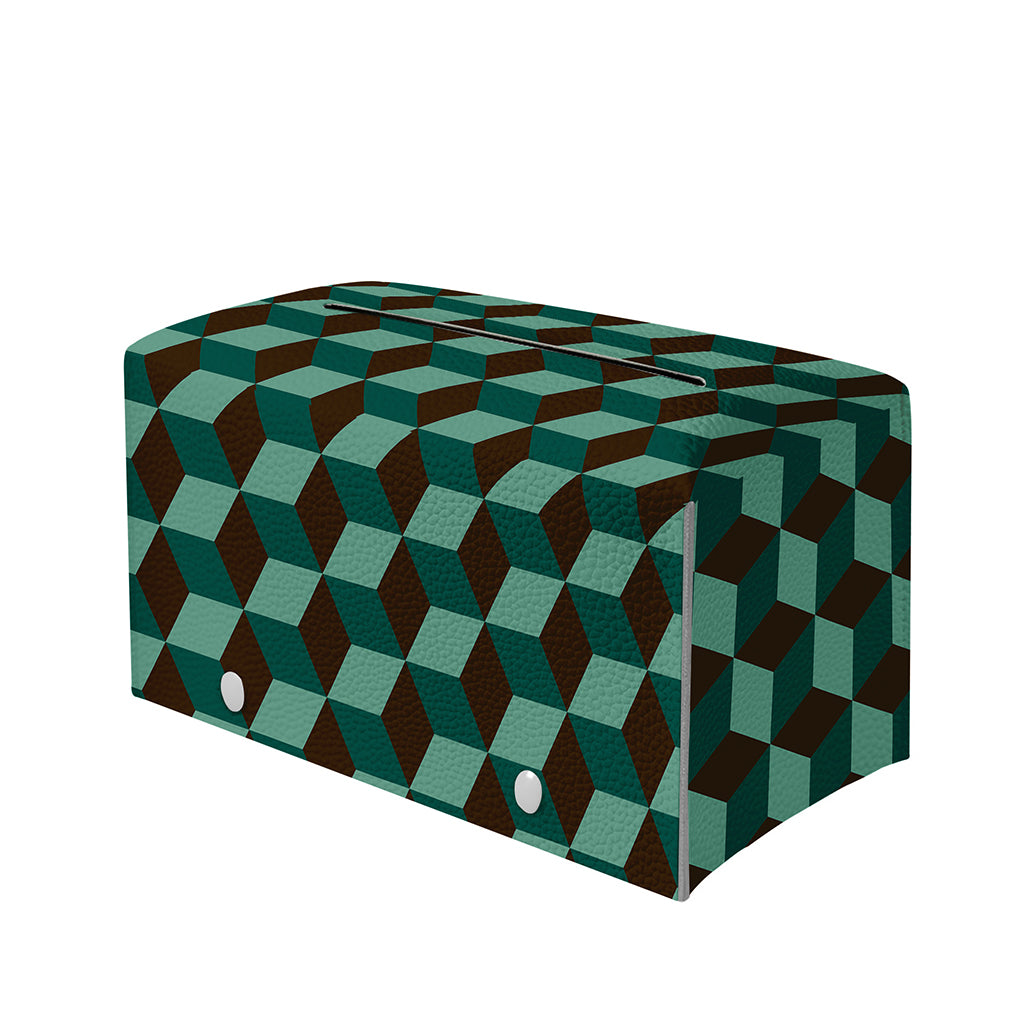 Dark Green Geometric Cube Pattern Print Leather Tissue Box Cover