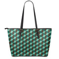 Dark Green Geometric Cube Pattern Print Leather Tote Bag With Zipper