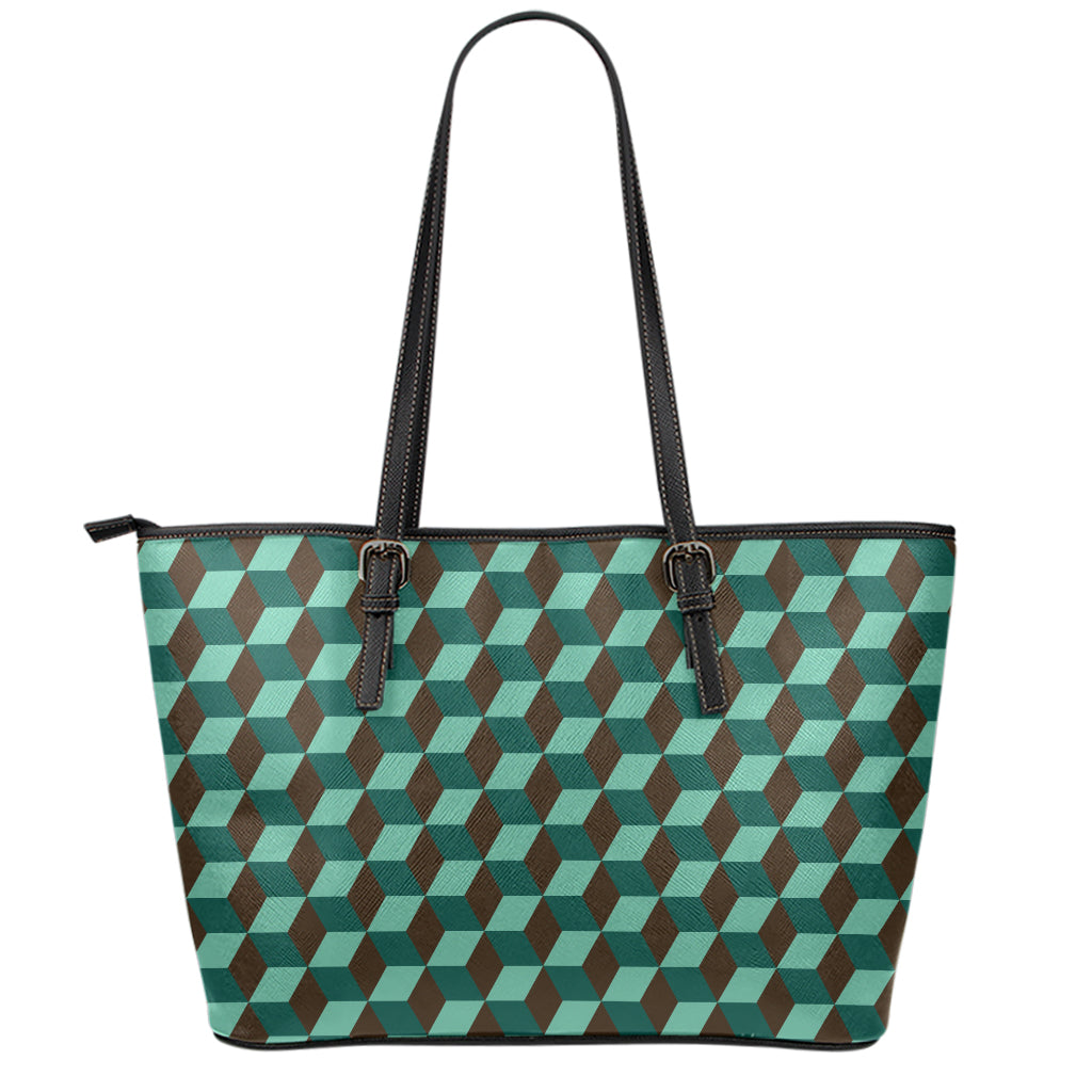 Dark Green Geometric Cube Pattern Print Leather Tote Bag