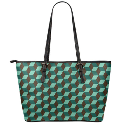 Dark Green Geometric Cube Pattern Print Leather Tote Bag