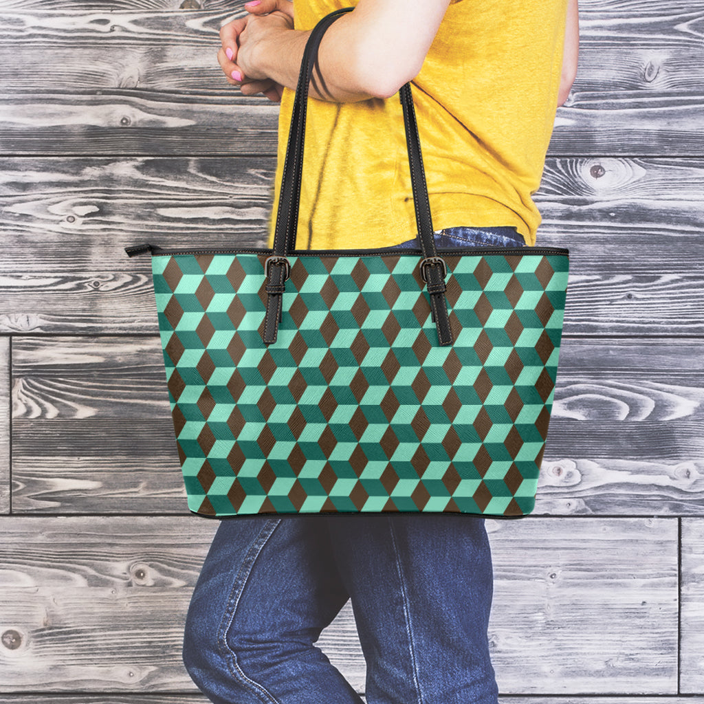 Dark Green Geometric Cube Pattern Print Leather Tote Bag