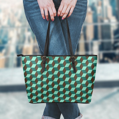 Dark Green Geometric Cube Pattern Print Leather Tote Bag