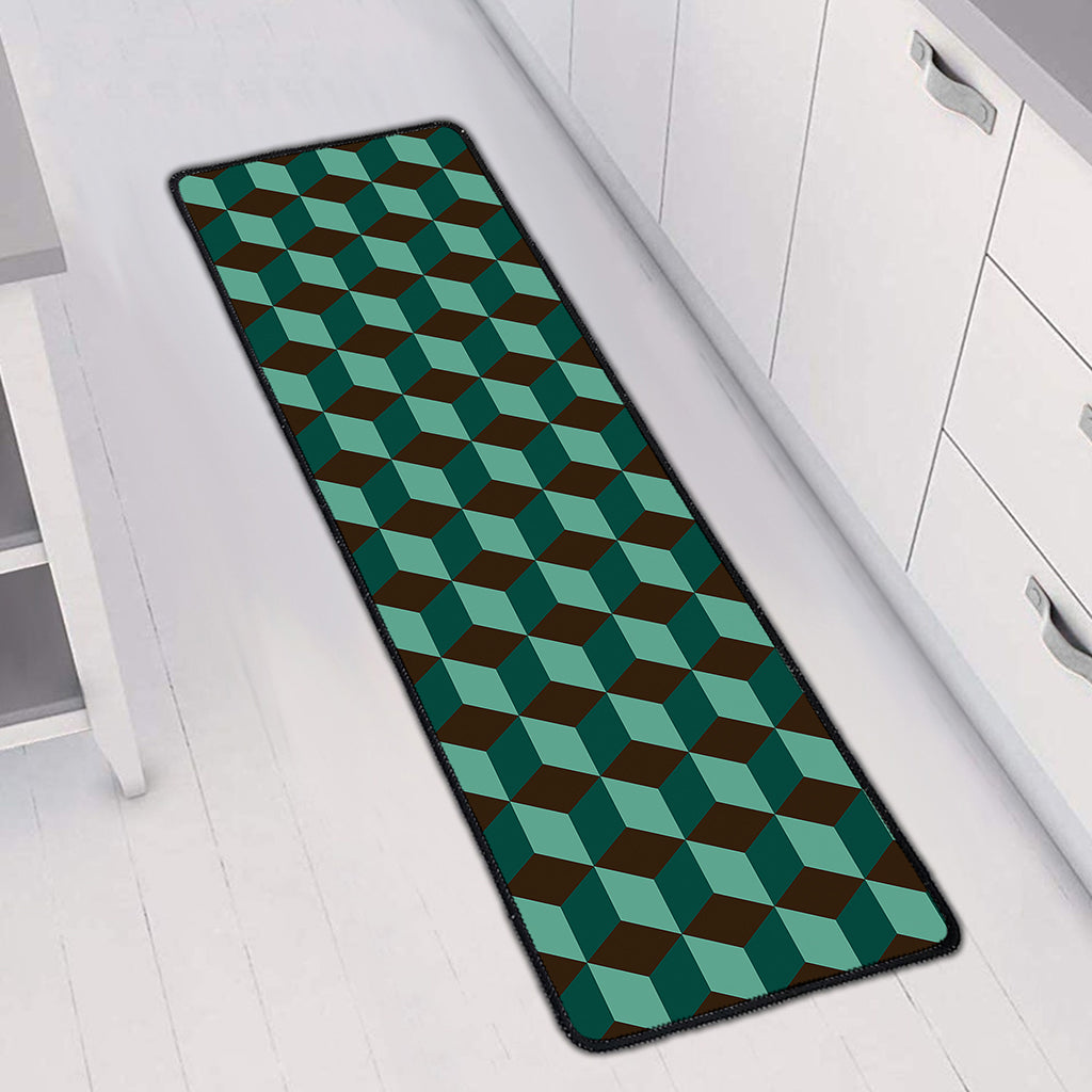 Dark Green Geometric Cube Pattern Print Long Kitchen Mat