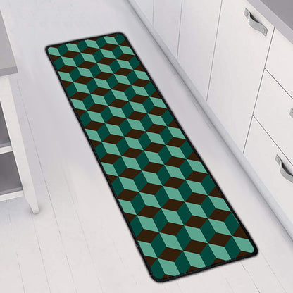 Dark Green Geometric Cube Pattern Print Long Kitchen Mat
