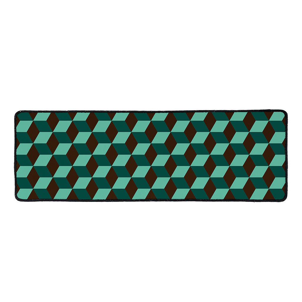Dark Green Geometric Cube Pattern Print Long Kitchen Mat