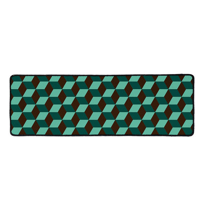 Dark Green Geometric Cube Pattern Print Long Kitchen Mat