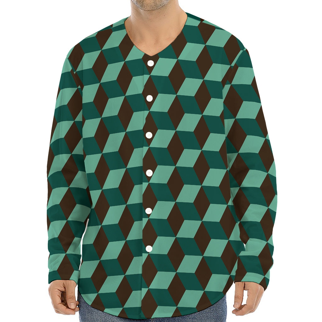 Dark Green Geometric Cube Pattern Print Long Sleeve Baseball Jersey