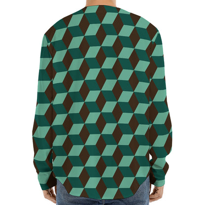 Dark Green Geometric Cube Pattern Print Long Sleeve Baseball Jersey