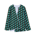 Dark Green Geometric Cube Pattern Print Long Sleeve Short Coat