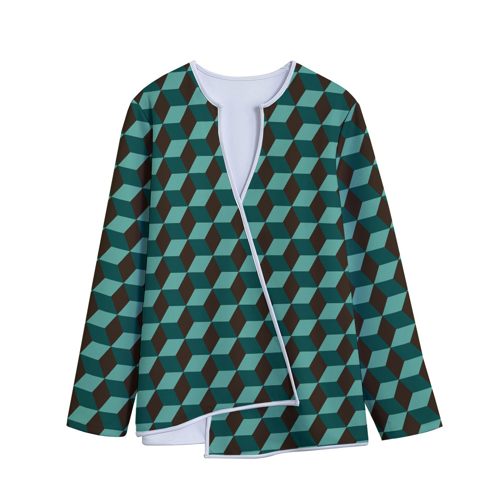 Dark Green Geometric Cube Pattern Print Long Sleeve Short Coat