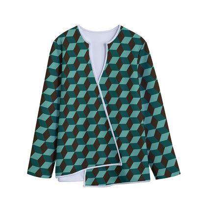 Dark Green Geometric Cube Pattern Print Long Sleeve Short Coat
