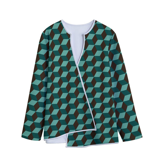 Dark Green Geometric Cube Pattern Print Long Sleeve Short Coat